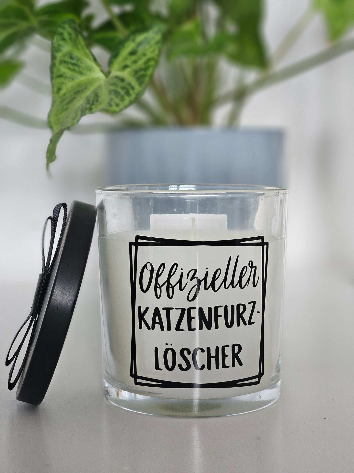 Eine Duftkerze von vorne Fotografiert, mit der Aufschrift, Offizieller Katzenfurzlöscher. Das Glas ist offen und der Deckel ist angelehnt.